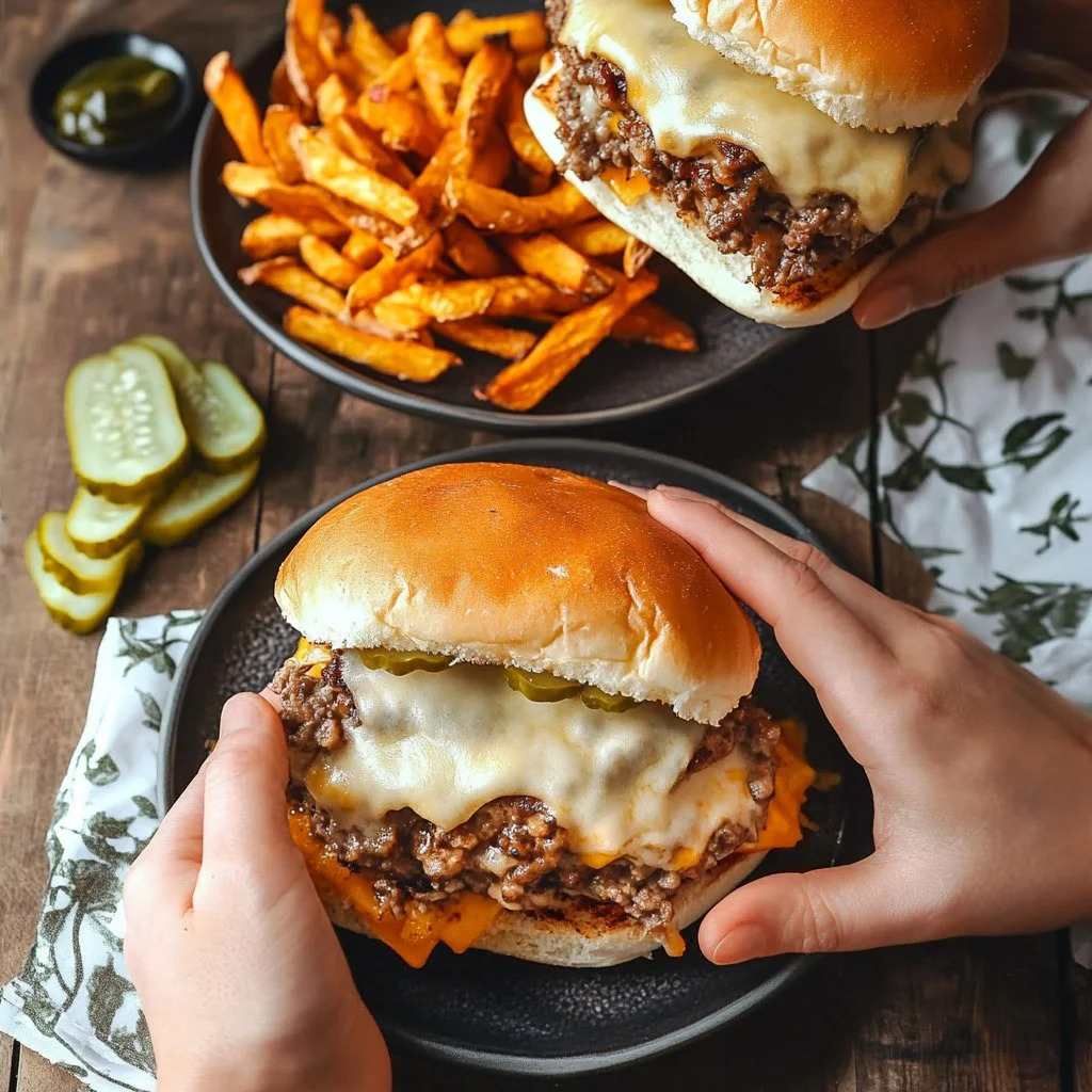 Crockpot Cheeseburgers served with toppings and fresh buns in a slow cooker