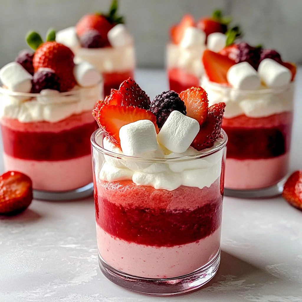 Delicate strawberry mousse topped with fresh strawberries in a glass dish