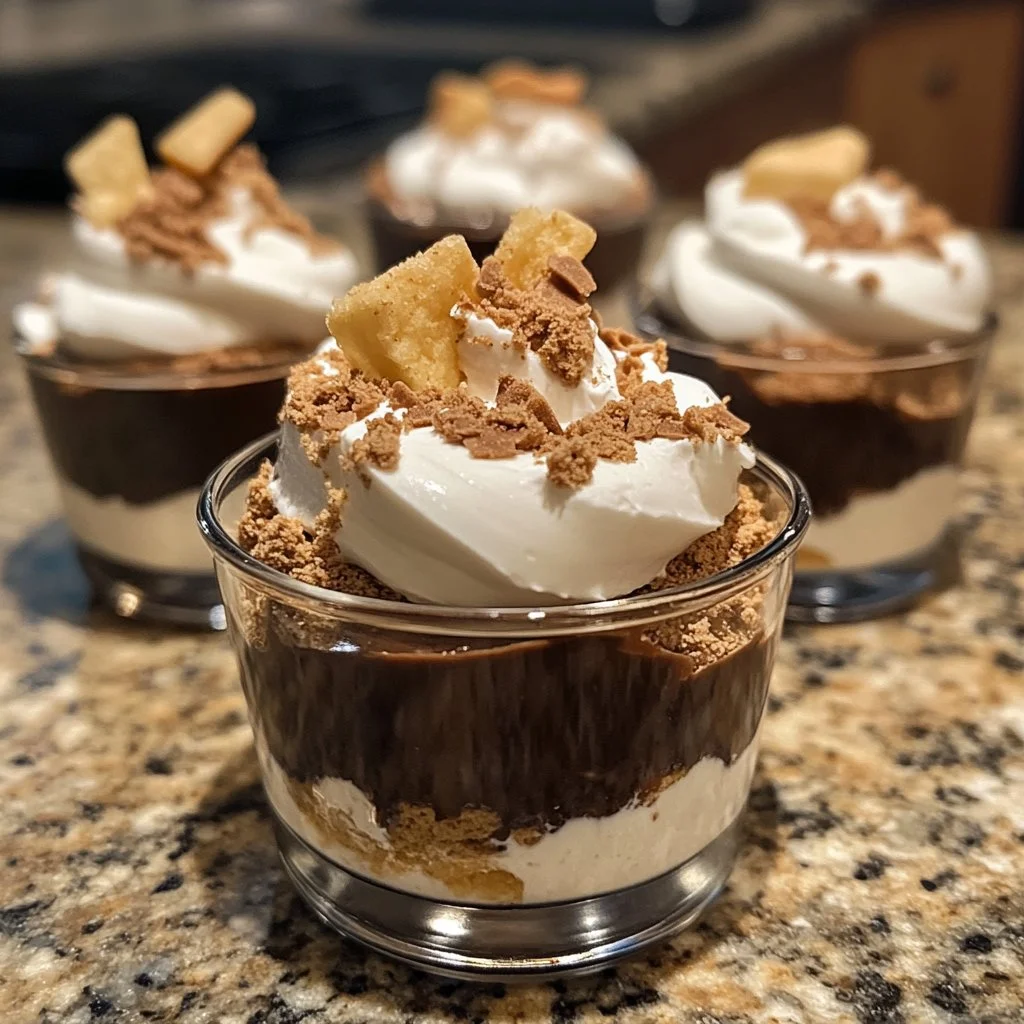 Colorful dessert cups filled with assorted sweets and toppings
