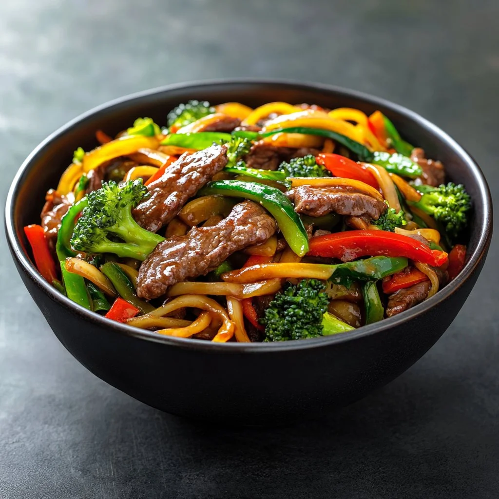 Easy 30-minute beef stir fry with noodles served in a bowl.