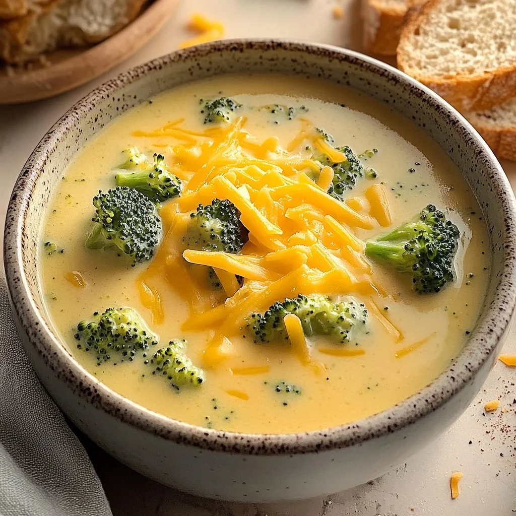 Bowl of easy broccoli cheddar soup garnished with cheese and broccoli florets