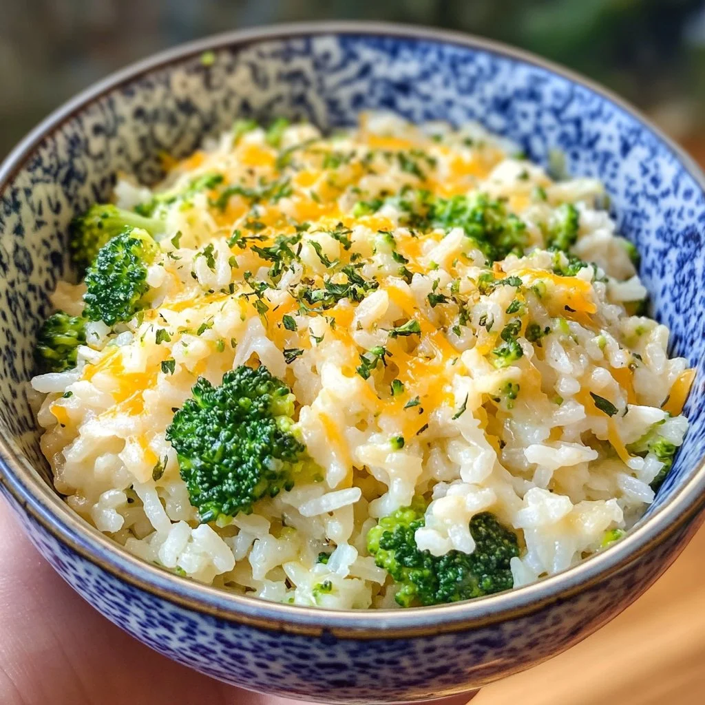 Bowl of easy broccoli cheese rice with melted cheese and florets.