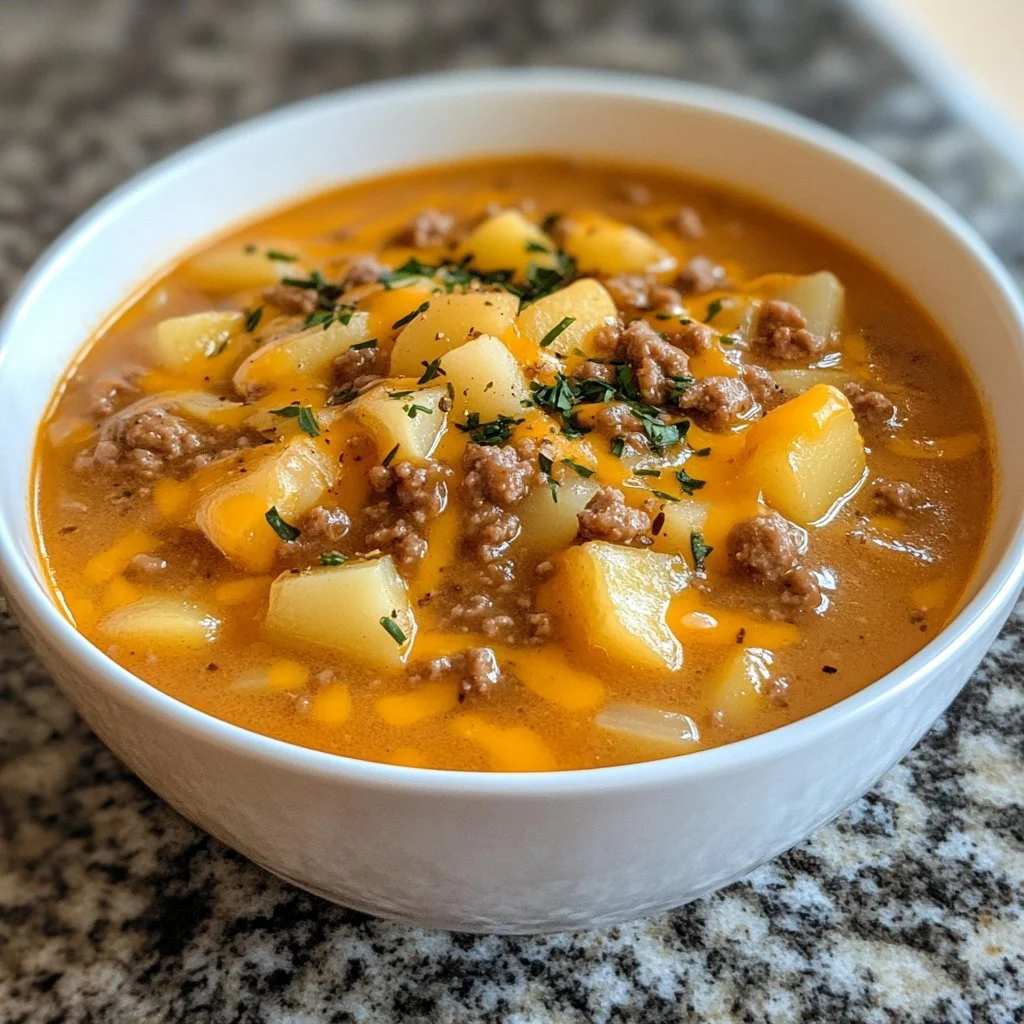 Bowl of Easy Cheesy Hamburger Potato Soup with toppings