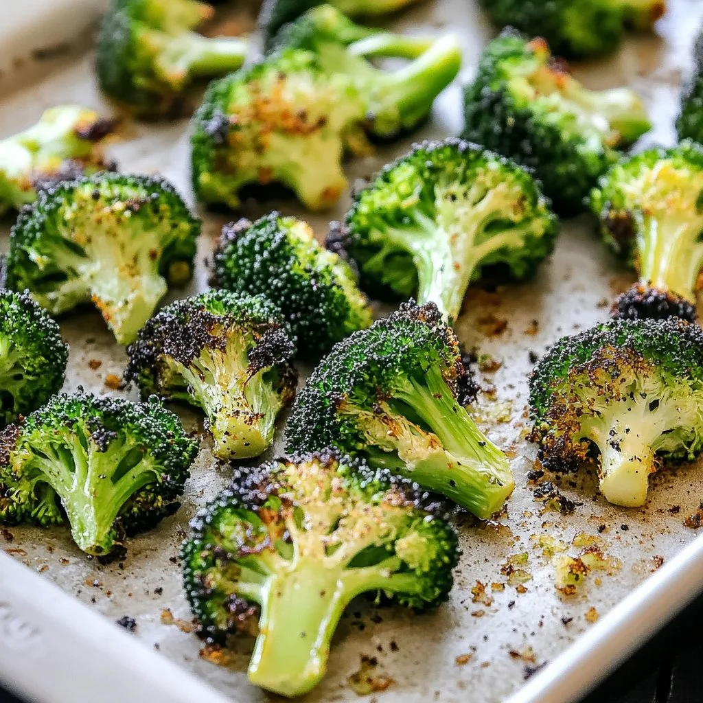 Plate of easy and crispy oven roasted broccoli with seasoning