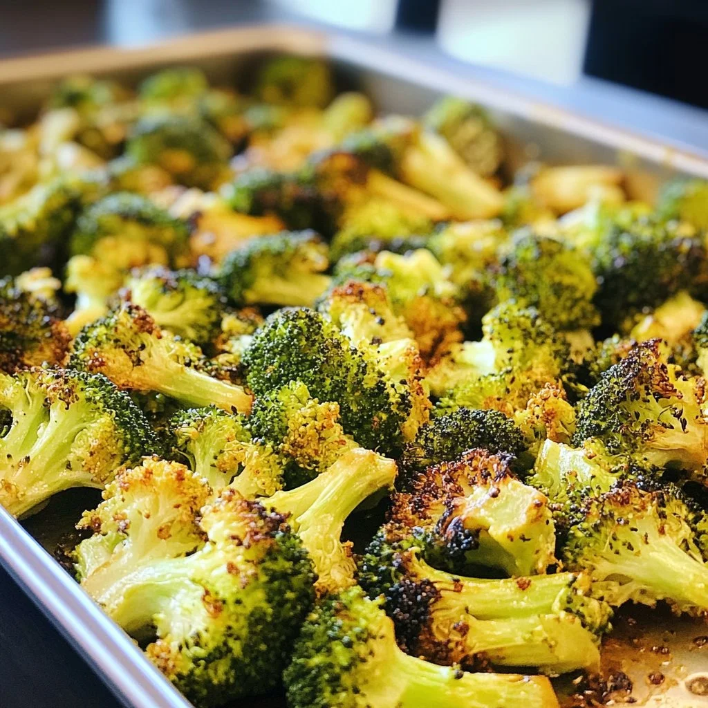 Crispy oven roasted broccoli recipe served on a plate.