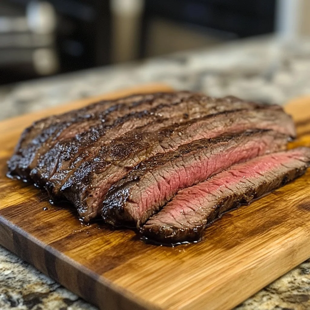 Grilled easy flank steak served with fresh herbs and vegetables