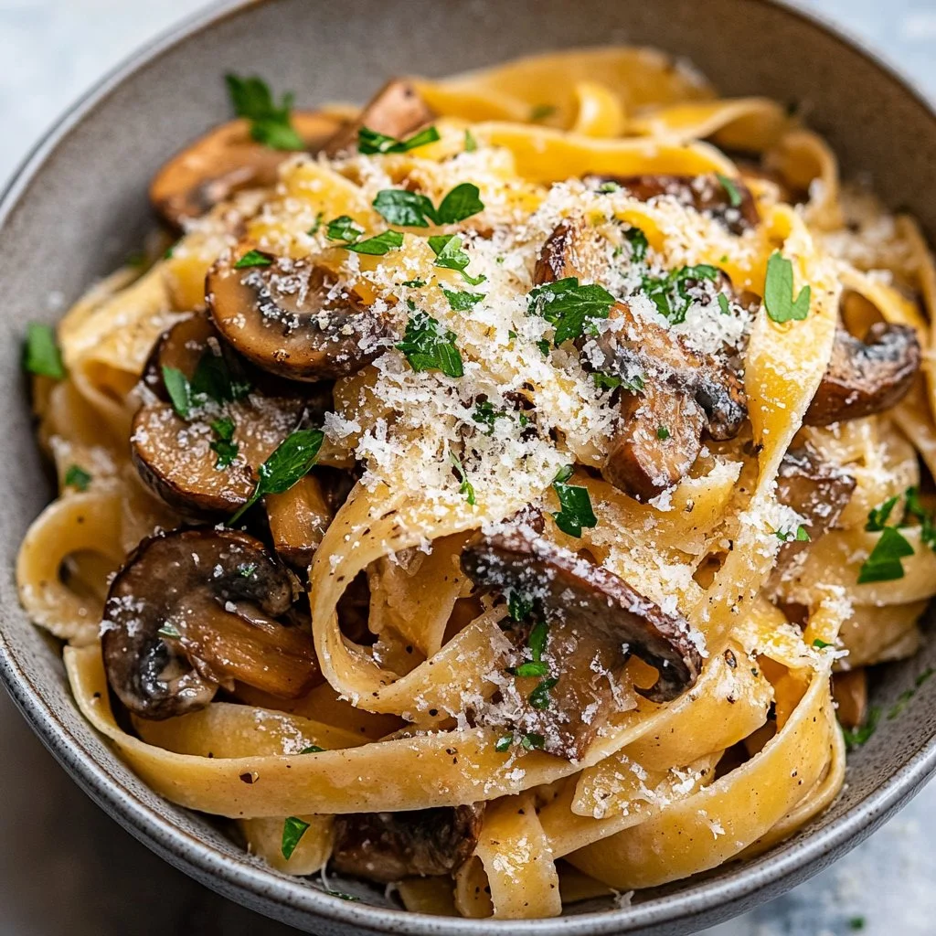 Delicious easy garlic mushroom pasta dish served in a bowl