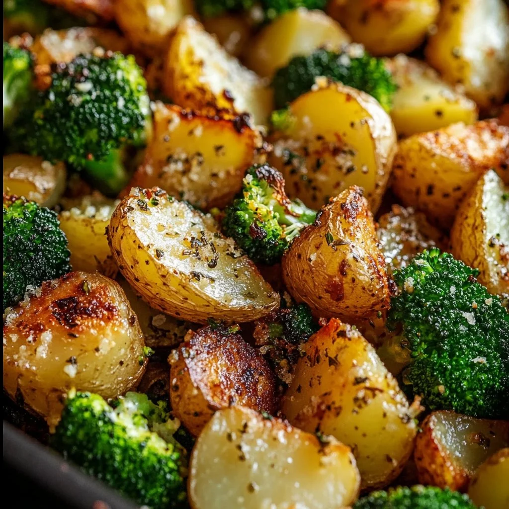 Plate of easy roasted potatoes and broccoli recipe