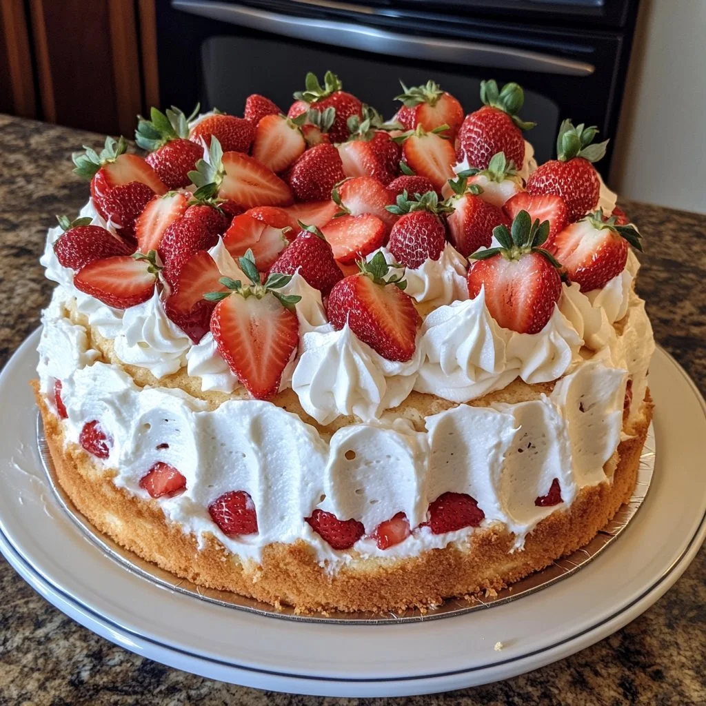 Delicious and fluffy strawberry angel food cake topped with fresh strawberries.