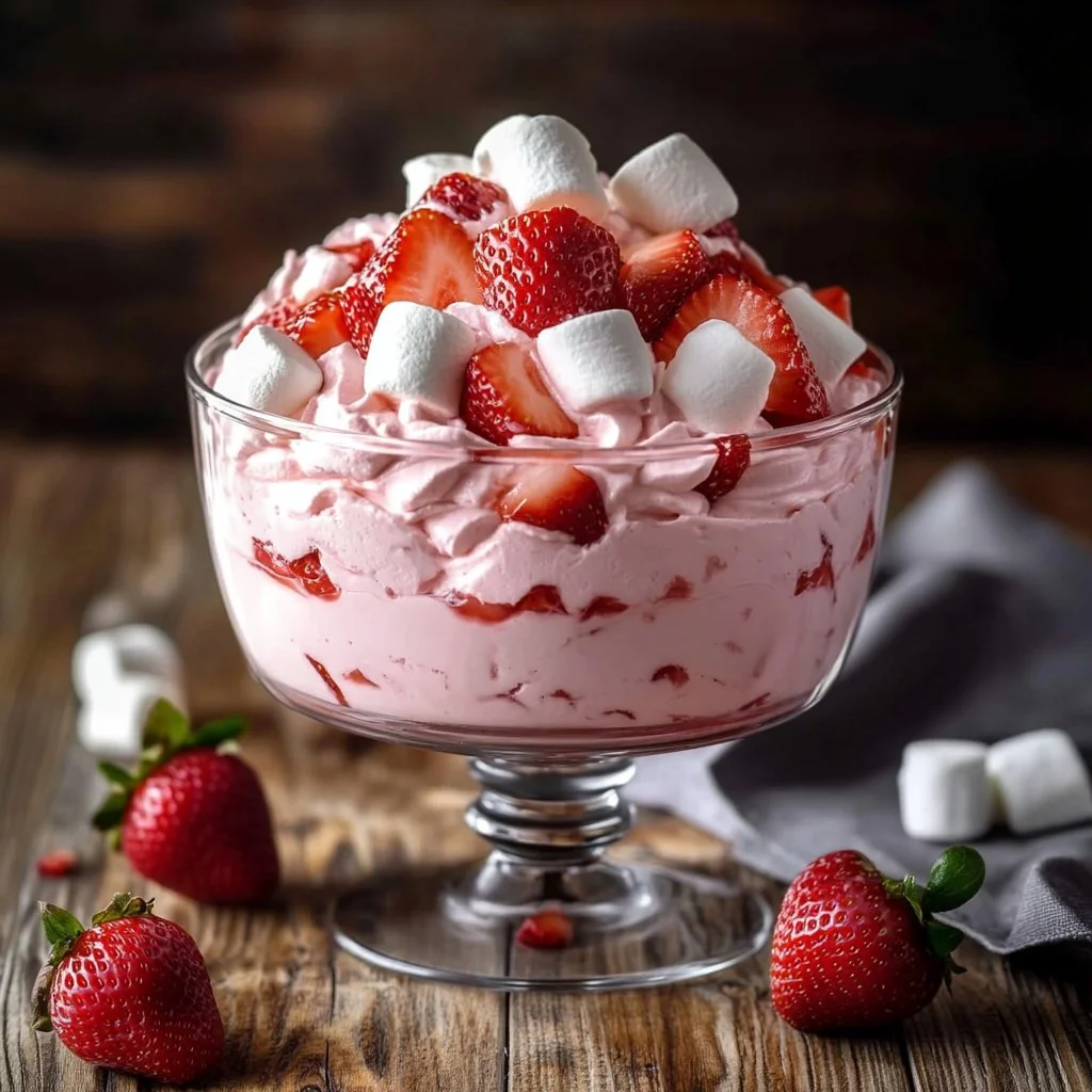 Delicious easy strawberry fluff dessert in a bowl