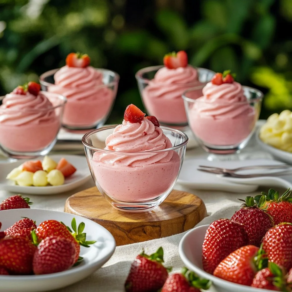 Delicious easy strawberry mousse dessert in a glass with fresh strawberries on top.