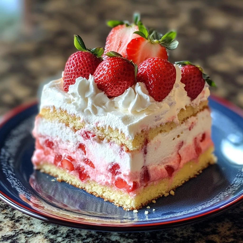 Delicious easy strawberry poke cake topped with fresh strawberries and whipped cream
