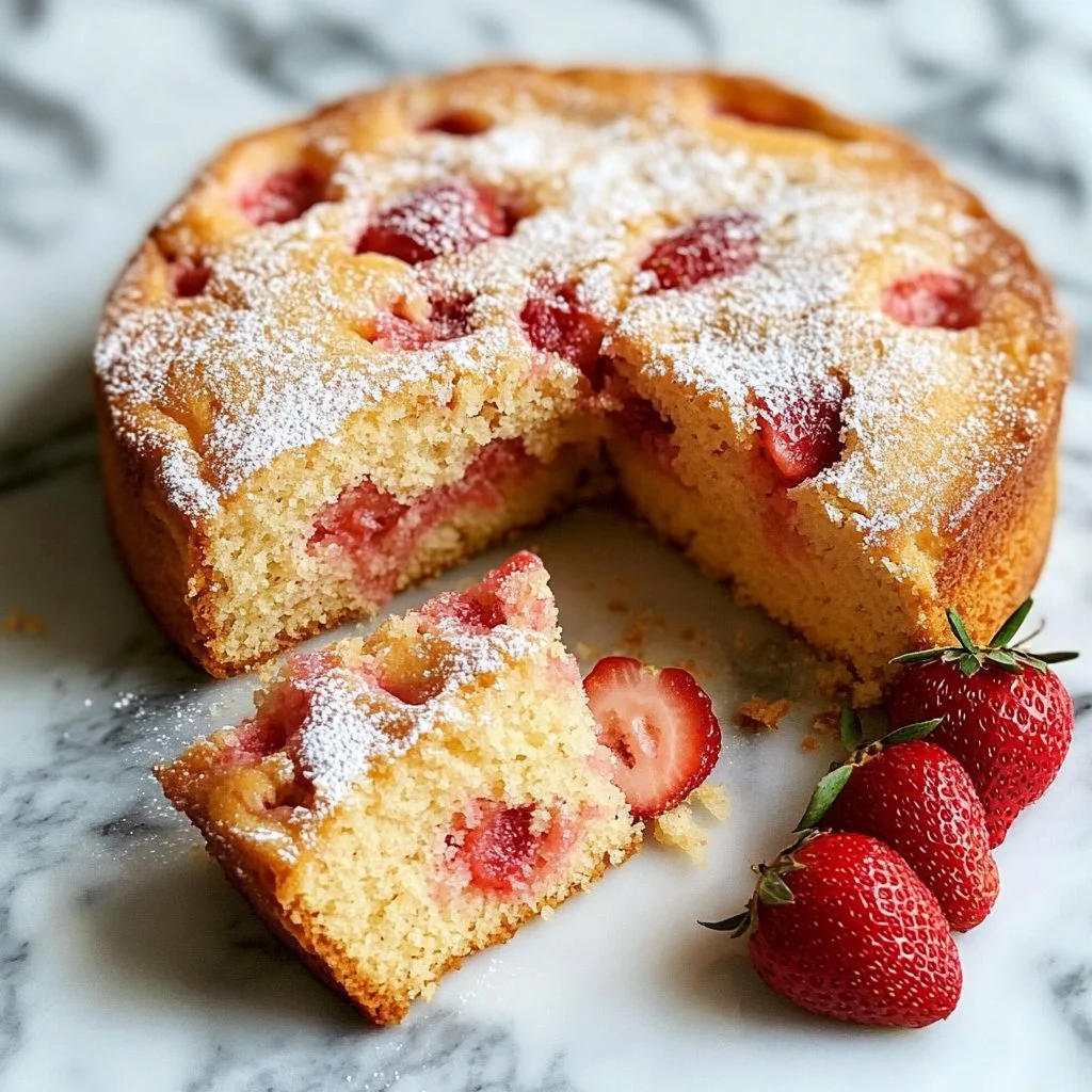 Delicious French strawberry cake topped with fresh strawberries and cream.
