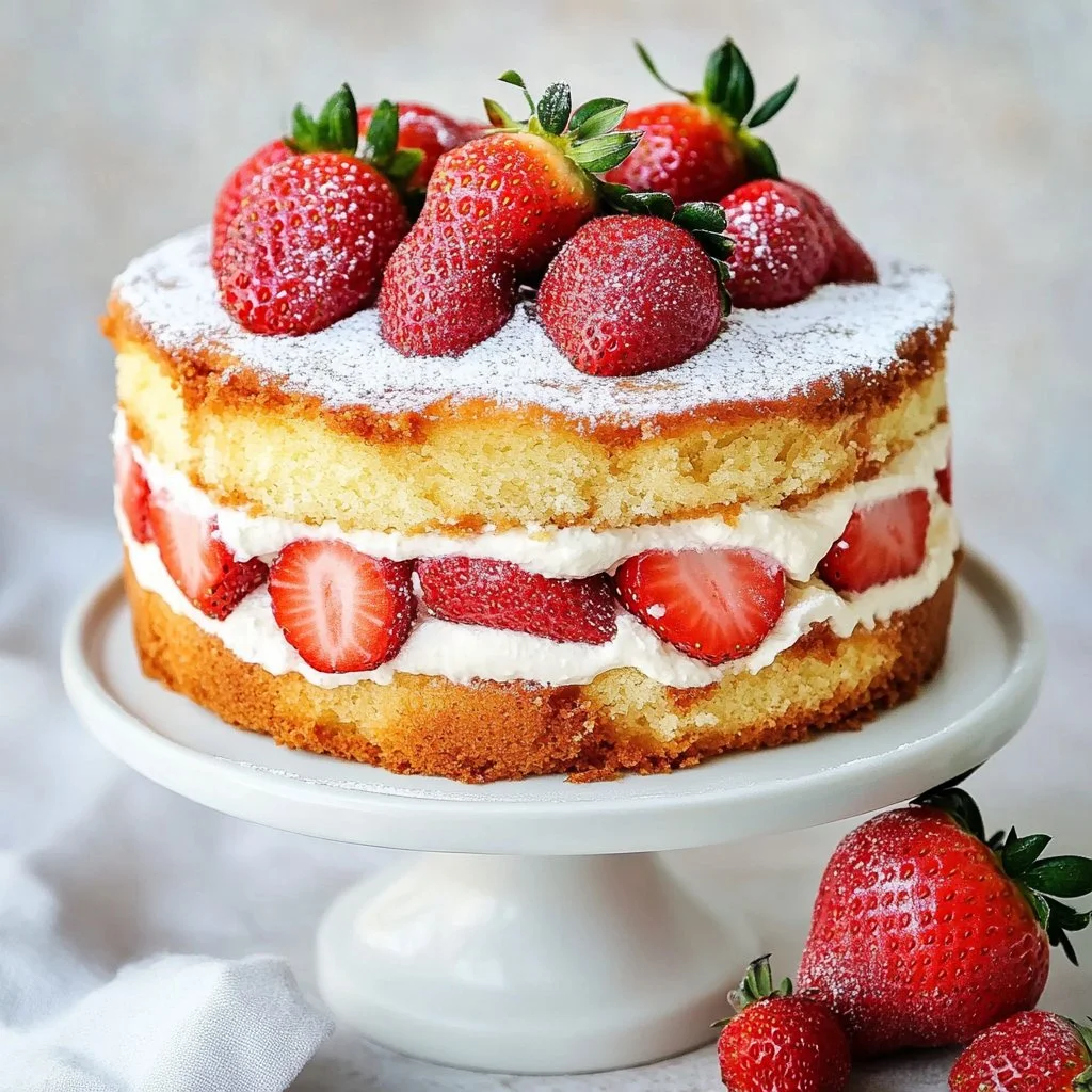 Delicious French Strawberry Cake with fresh strawberries and cream