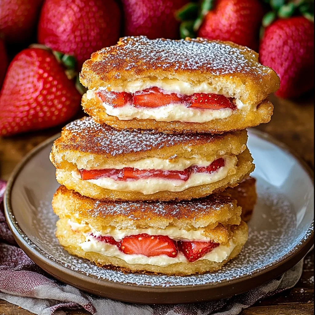 Delicious fried strawberry cheesecake sandwiches with strawberry filling.