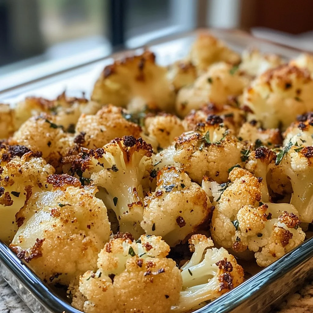 Garlic Butter Roasted Cauliflower dish on a serving plate