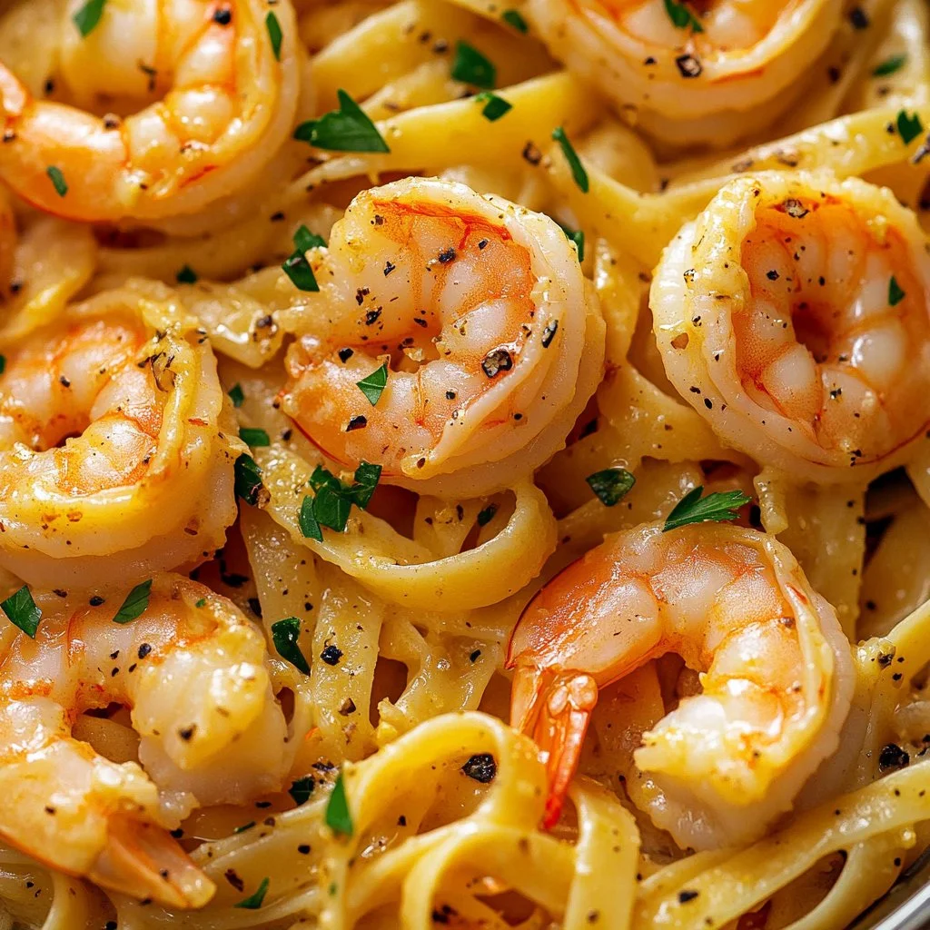 Delicious Garlic Butter Shrimp Pasta served in a bowl with herbs and spices.