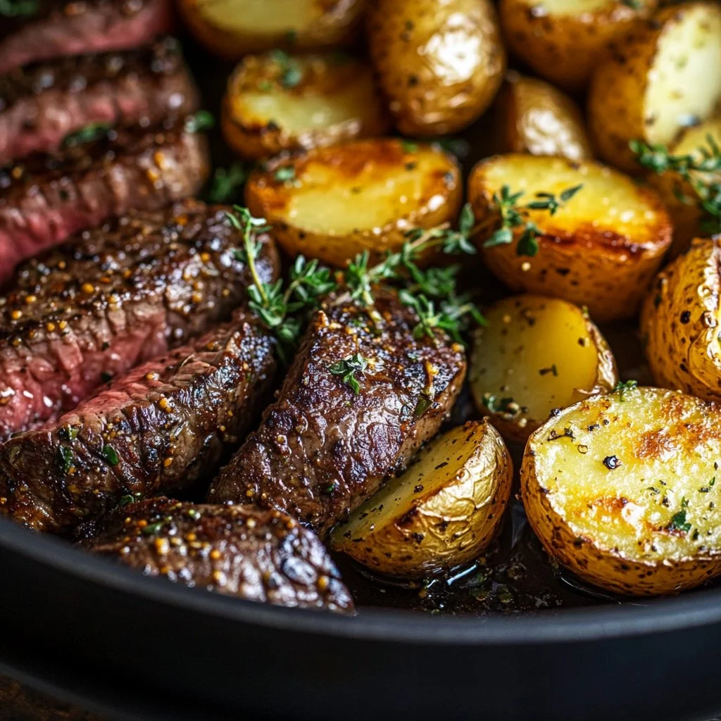 Garlic Butter Steak served with roasted potatoes in a skillet
