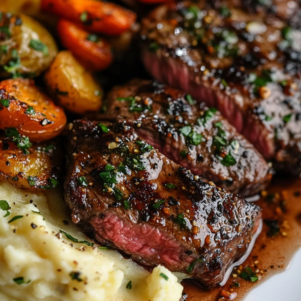 Garlic butter steak bites served with rich Parmesan cream sauce on a plate.