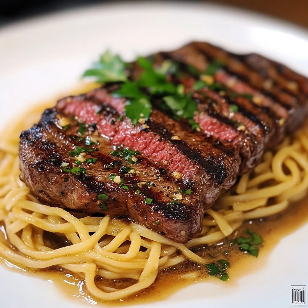 Garlic butter steak served over lightning noodles for a delicious meal