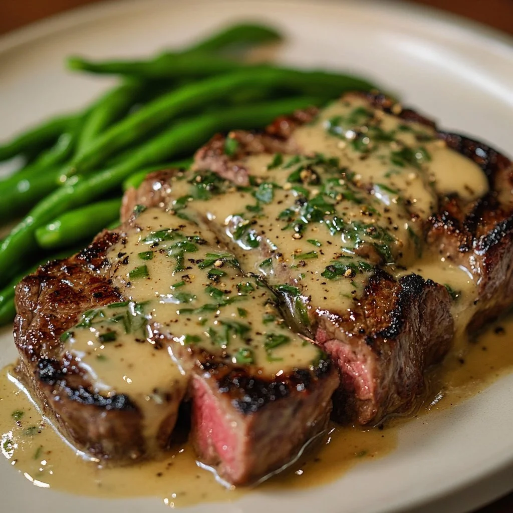 Juicy Garlic Butter Steak drizzled with rich Parmesan Cream Sauce