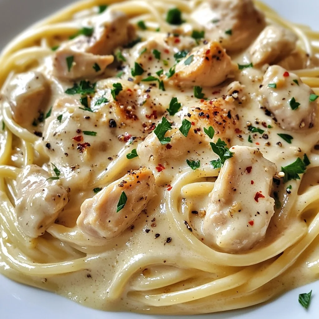 Delicious Garlic Parmesan Chicken Pasta served in a bowl garnished with parsley