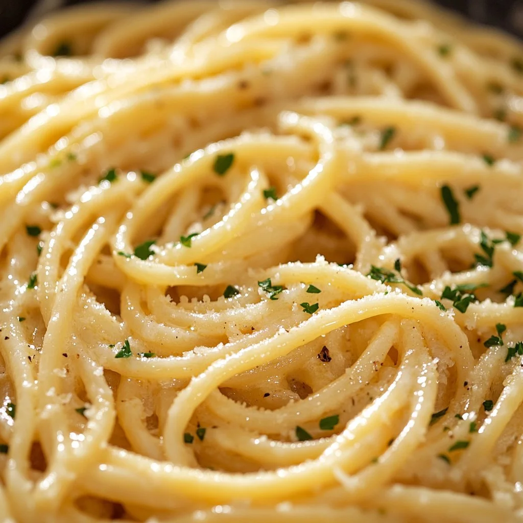 Delicious Garlic Parmesan Pasta garnished with parsley and grated cheese