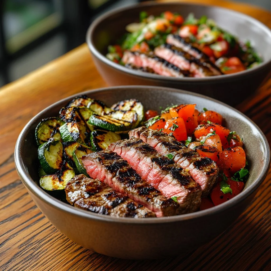 Delicious grilled steak bowl with fresh vegetables and flavorful toppings