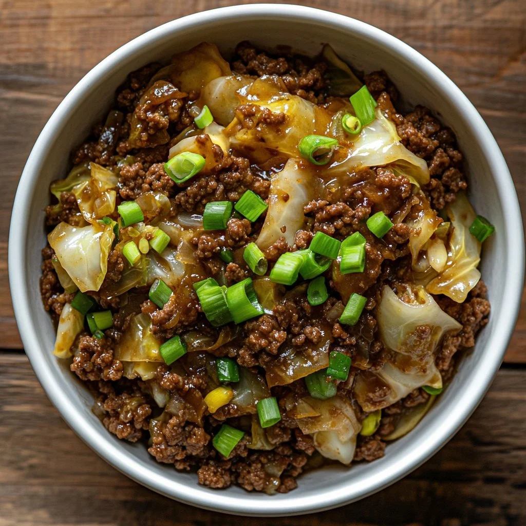 Ground beef and cabbage stir fry served in a bowl with vegetables