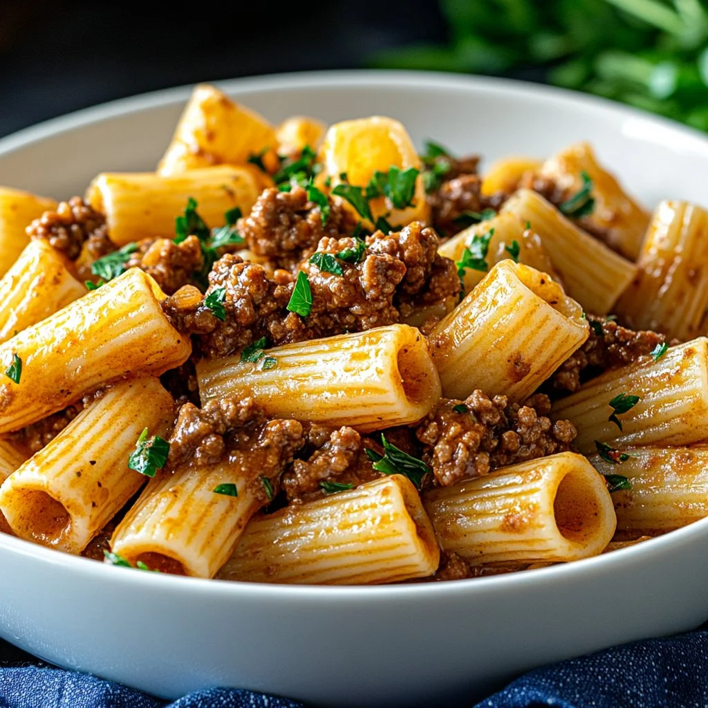 A plate of Ground Beef Pasta topped with herbs and cheese