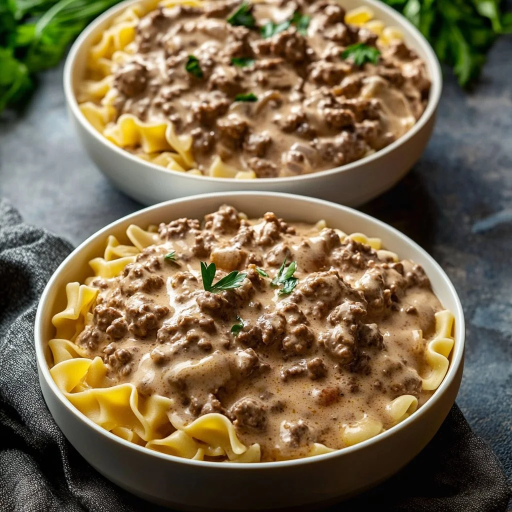 Delicious bowl of ground beef stroganoff served with noodles