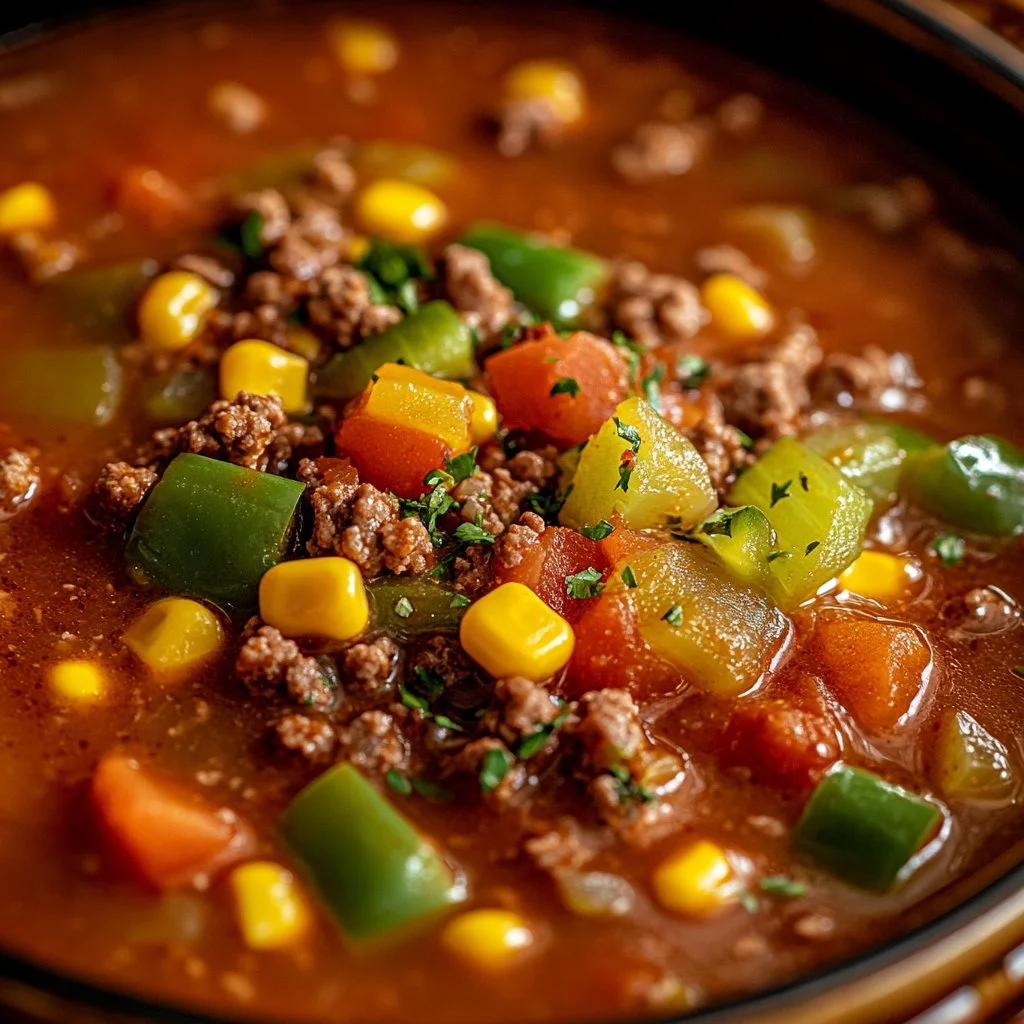 Bowl of delicious Hamburger Soup topped with fresh herbs and vegetables.