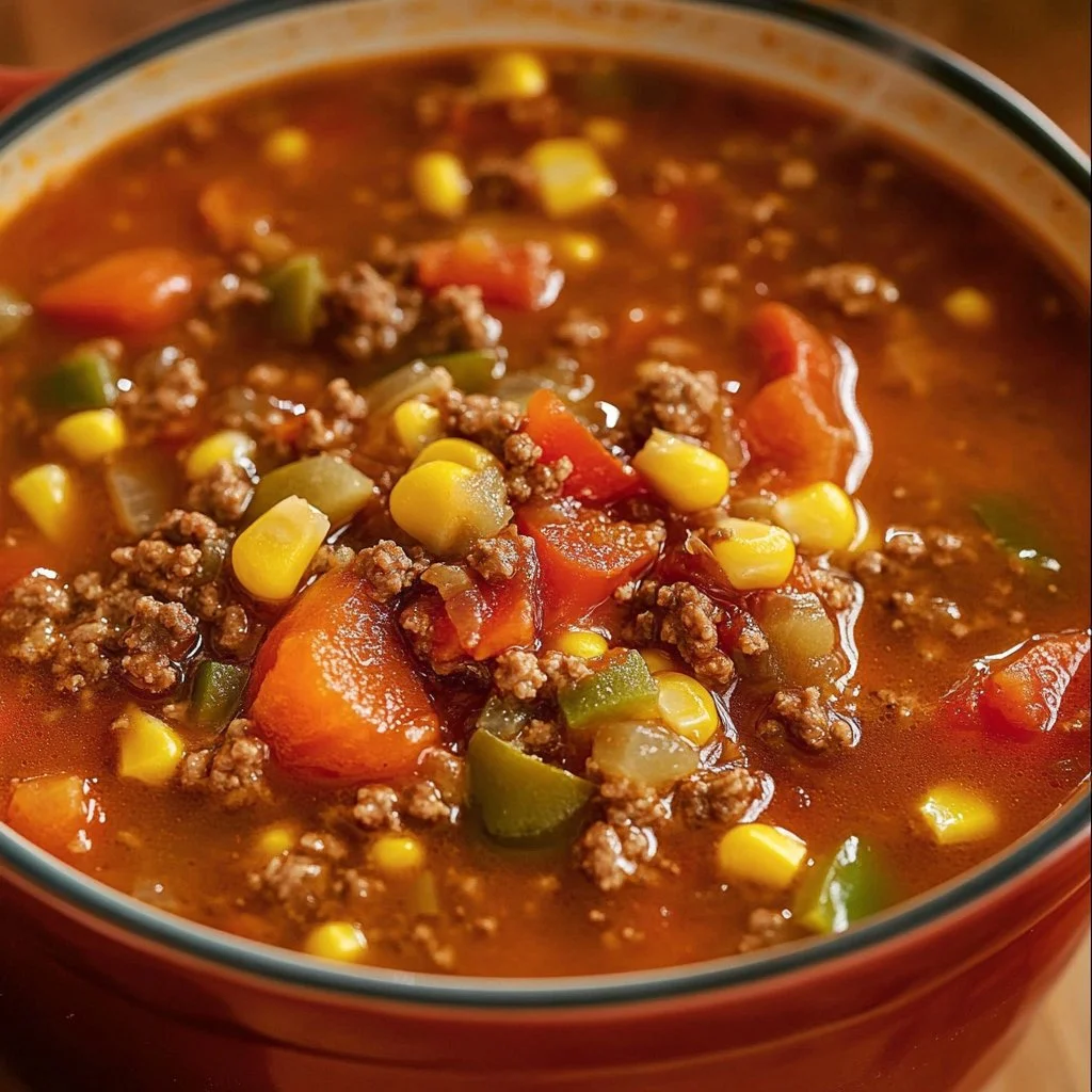 Bowl of delicious Hamburger Soup loaded with vegetables and ground beef.