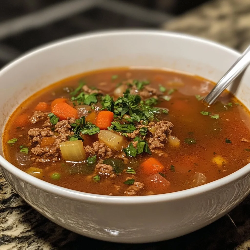 Bowl of delicious Hamburger Soup with vegetables and herbs