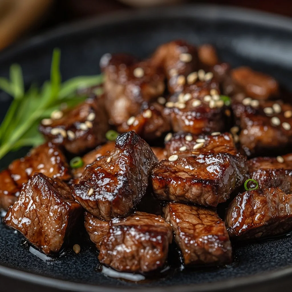 Delicious hibachi steak cooked on a grill with vegetables and seasonings