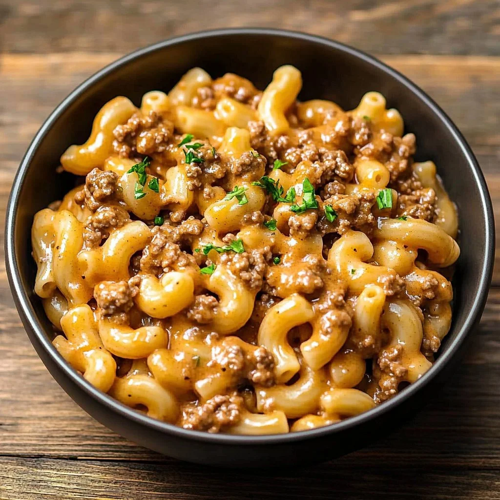 Delicious homemade cheeseburger macaroni with cheese and ground beef