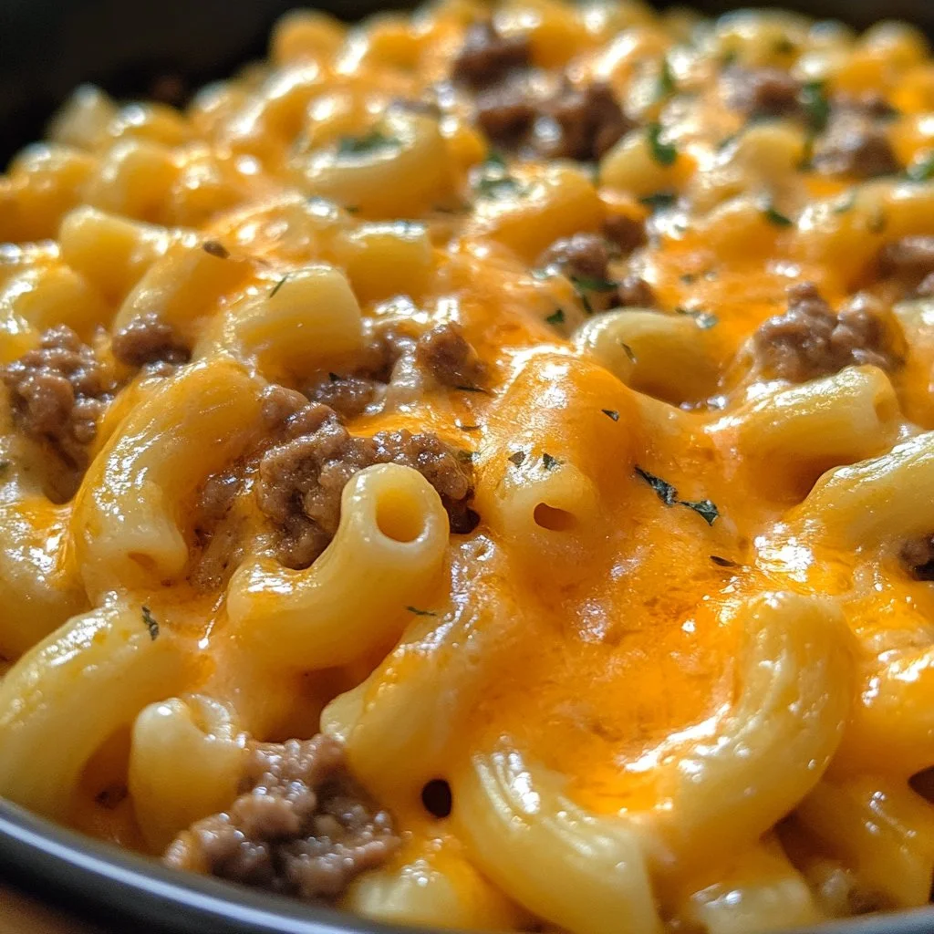 Bowl of homemade cheesy hamburger helper with melted cheese and ground beef.