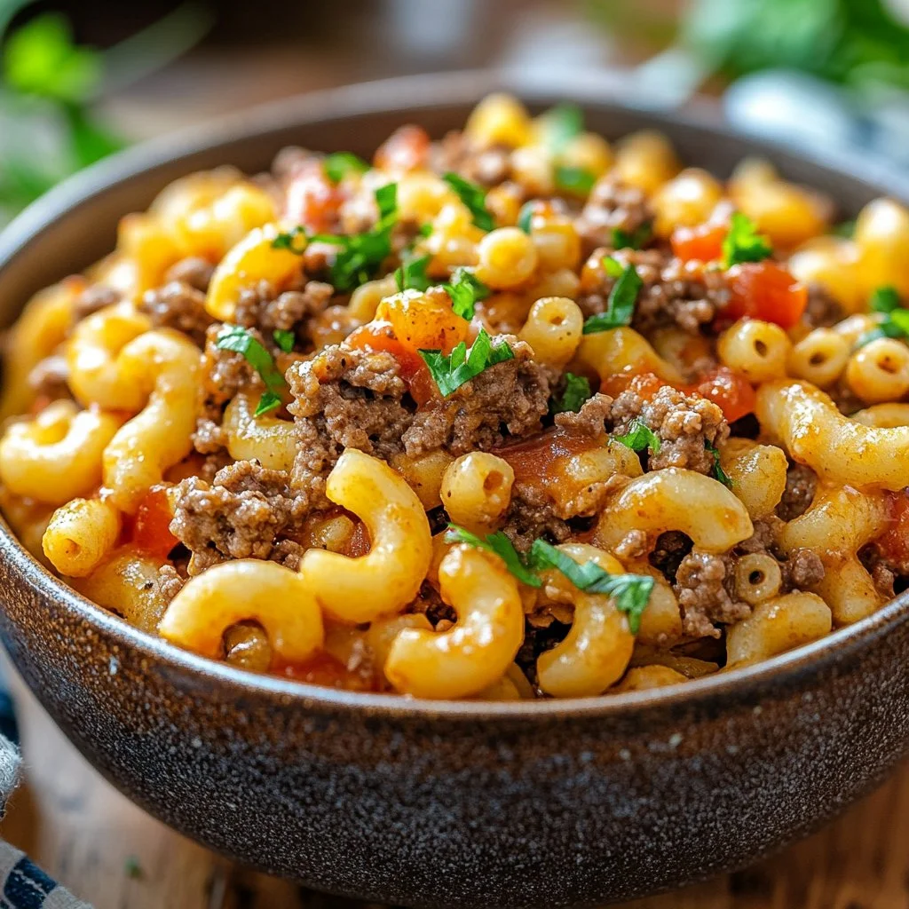 Delicious bowl of Homemade Hamburger Helper served with fresh vegetables.