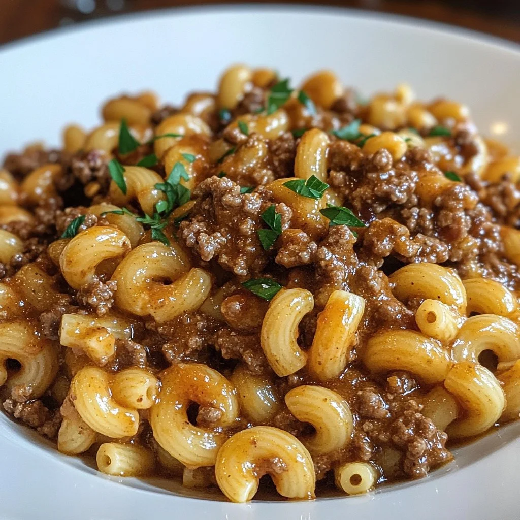 Bowl of homemade Hamburger Helper with ground beef and pasta, garnished with herbs.
