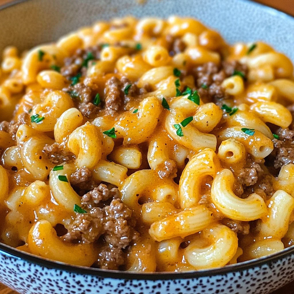Bowl of homemade Hamburger Helper with ground beef and pasta