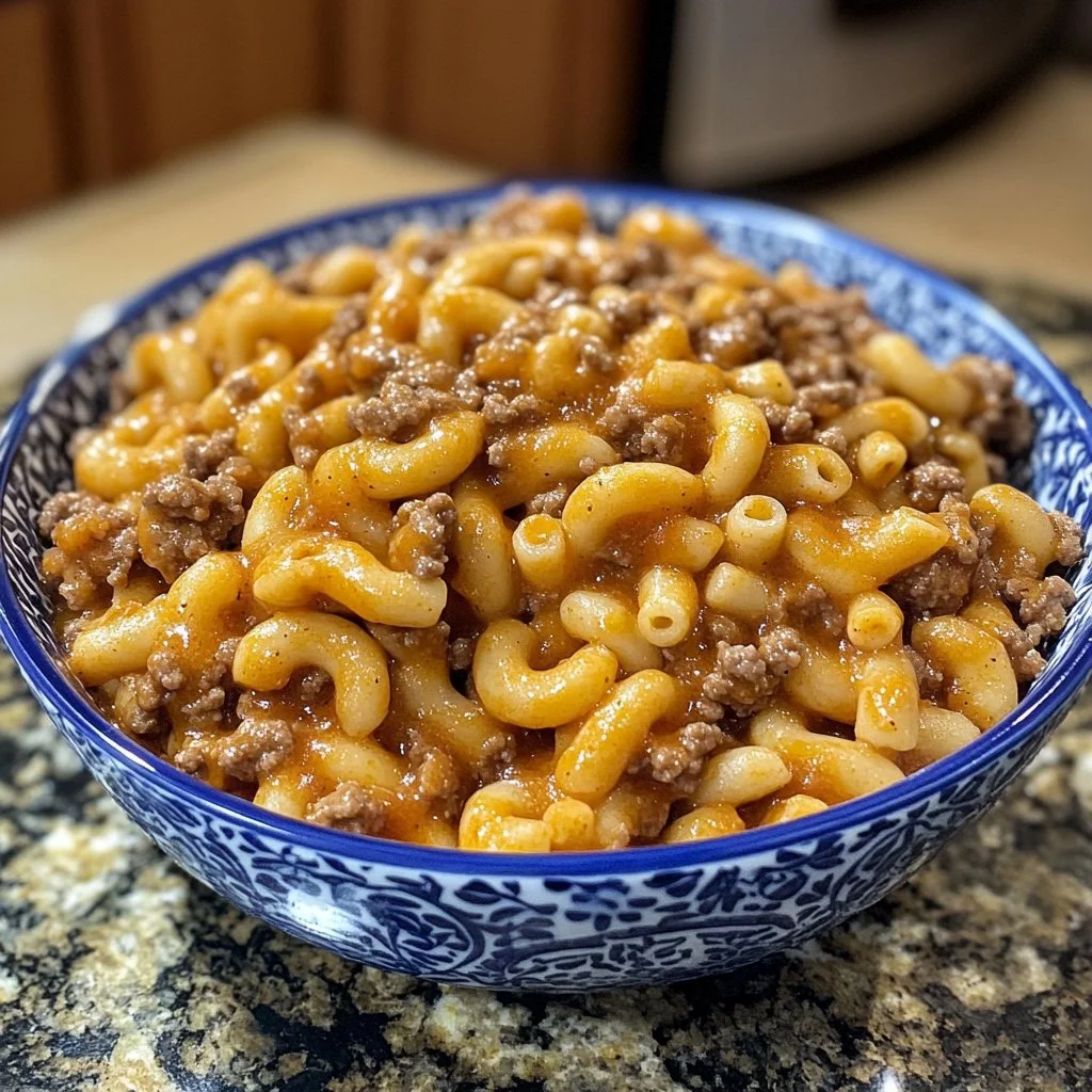 Bowl of homemade hamburger helper with ground beef and pasta
