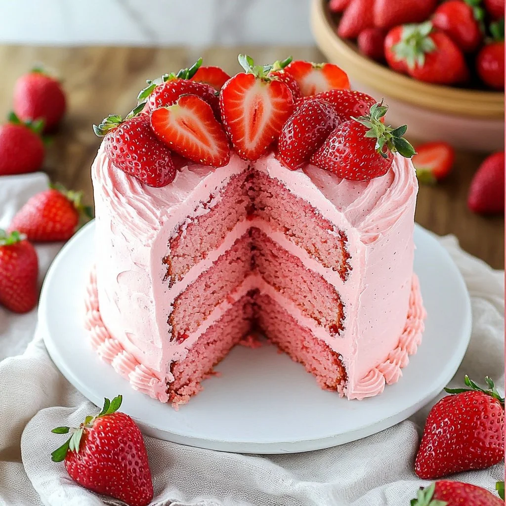 Delicious homemade strawberry cake topped with fresh strawberries and whipped cream.