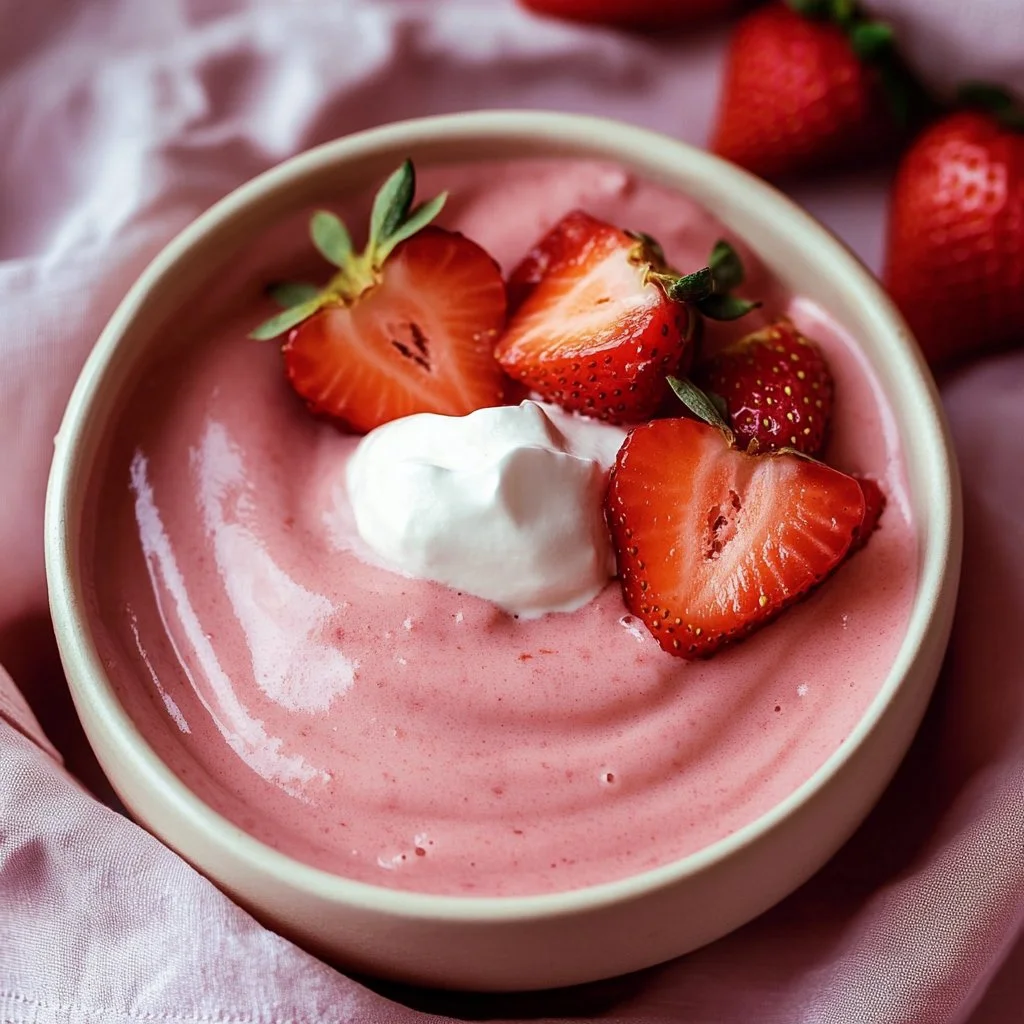 A bowl of homemade strawberry pudding topped with fresh strawberries