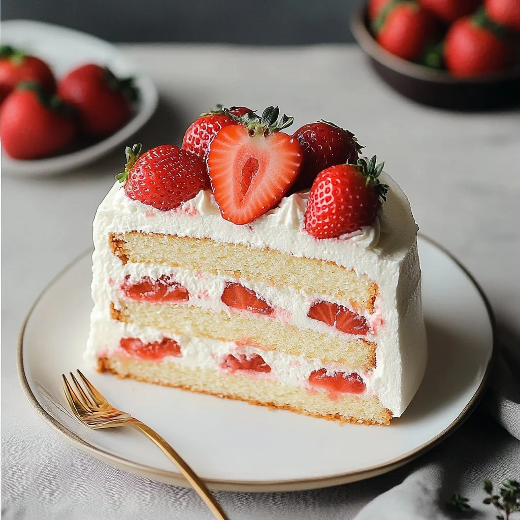 Delicious Japanese Strawberry Cake topped with fresh strawberries and whipped cream