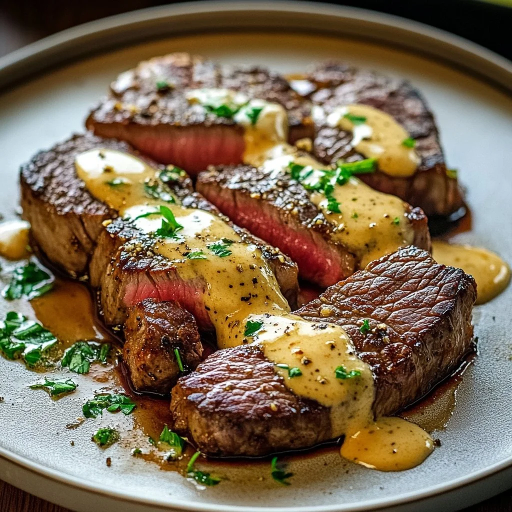 Juicy steak drizzled with creamy garlic sauce on a plate