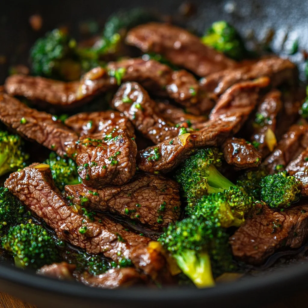 Lemon Garlic Butter Steak served with sautéed broccoli in a skillet