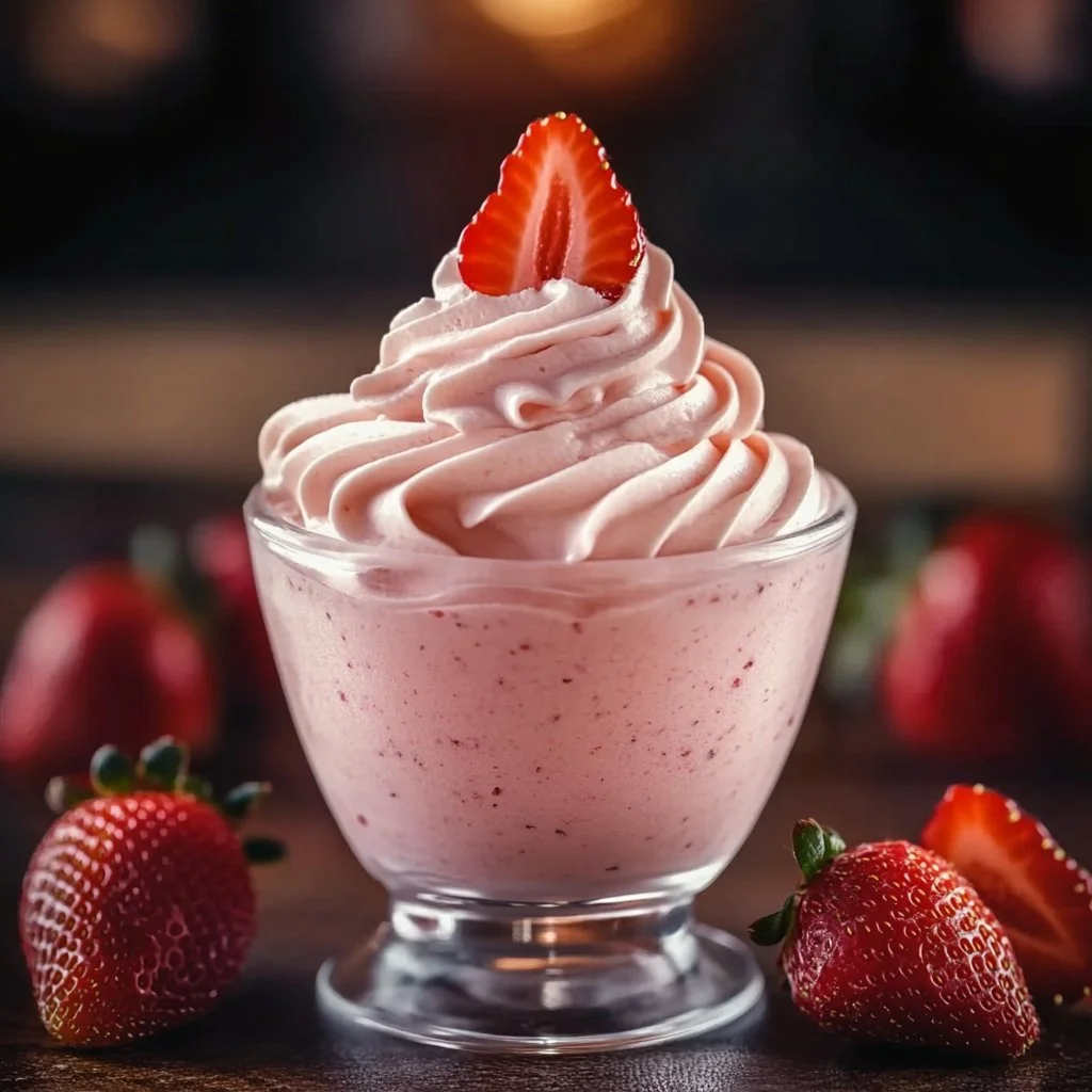 Deliciously light and fluffy strawberry mousse dessert topped with fresh strawberries