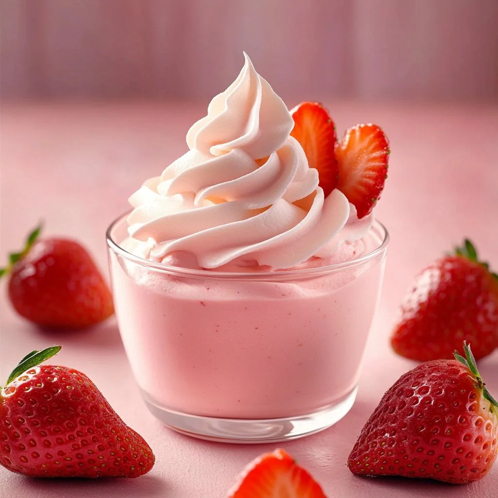 Delicious and fluffy strawberry mousse topped with fresh strawberries