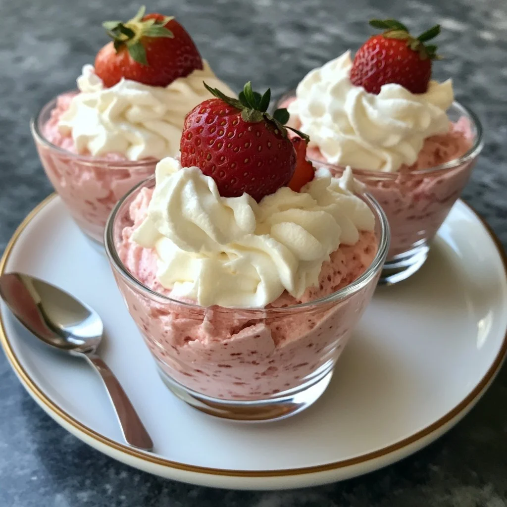 Light and fluffy strawberry mousse topped with fresh strawberries