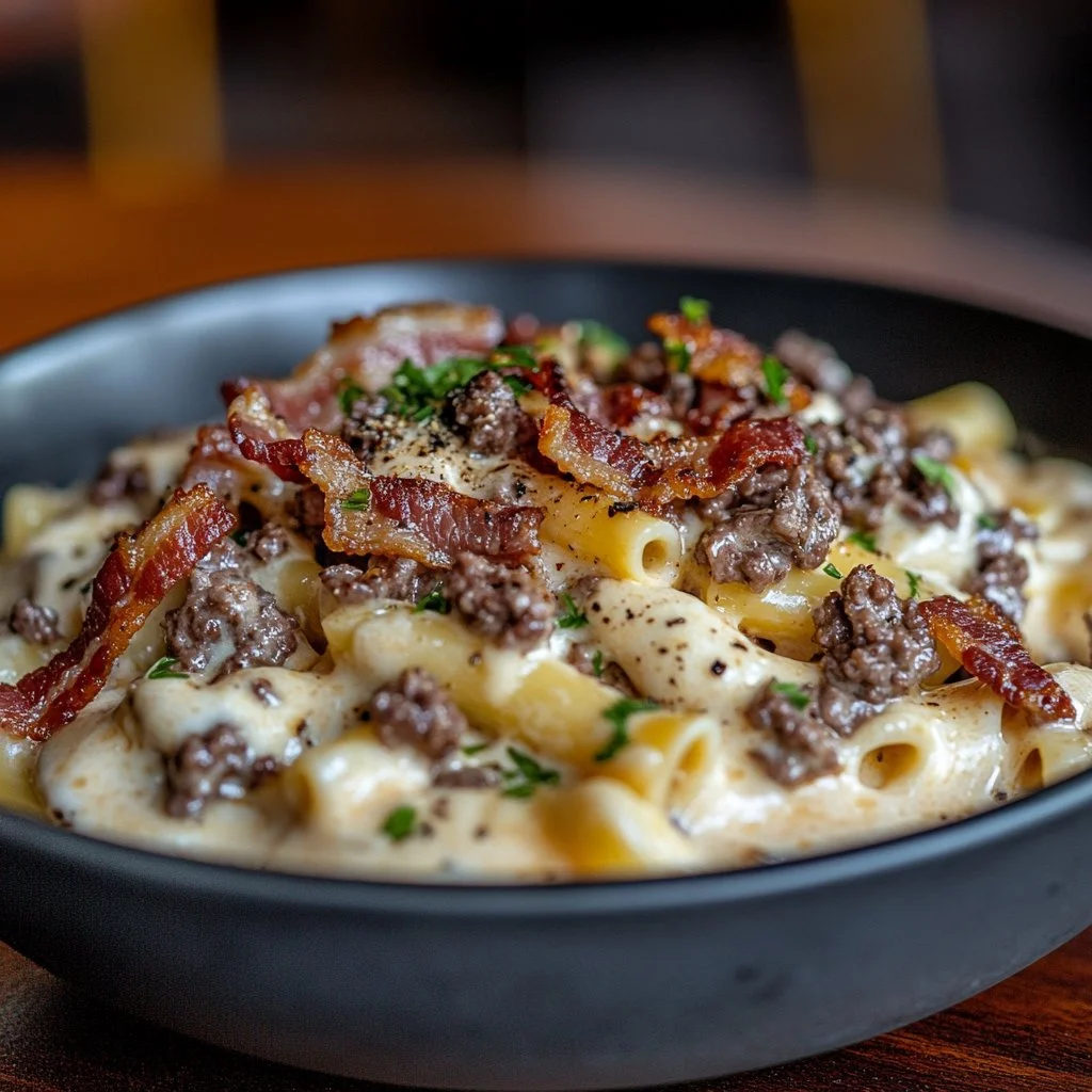 Loaded bacon cheeseburger alfredo pasta topped with crispy bacon and cheese